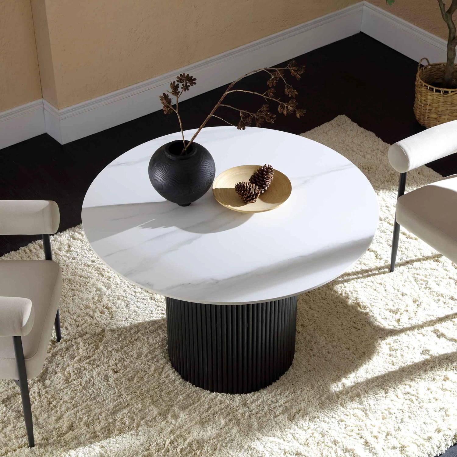 Maru 110cm Round Dining Table β Black Fluted Oak Pedestal with White Ceramic Top 2 Maru 110cm Round Dining Table β Black Fluted Oak Pedestal with White Ceramic Top - Image 2