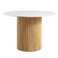 Maru 110cm Round Dining Table - White Ceramic Top with Natural Oak Fluted Pedestal Base -Daals Store BSD 137 OAK WB1