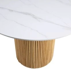 Maru 110cm Round Dining Table - White Ceramic Top with Natural Oak Fluted Pedestal Base -Daals Store BSD 137 OAK detail2