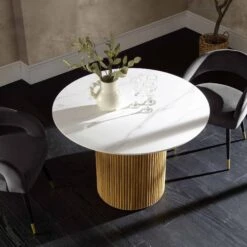 Maru 110cm Round Dining Table - White Ceramic Top with Natural Oak Fluted Pedestal Base -Daals Store BSD 137 OAK scene1