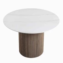 Maru White Ceramic and Silver Oak Round Dining Table – 110cm Japandi Fluted Pedestal -Daals Store BSD 137 SILK WB2