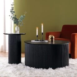 Maru Black Oak Round Storage Coffee Table - Fluted Base Minimalist Design 15 Maru Black Oak Round Storage Coffee Table - Fluted Base Minimalist Design -Daals Store BSD 139 140 BLACK group scene 1