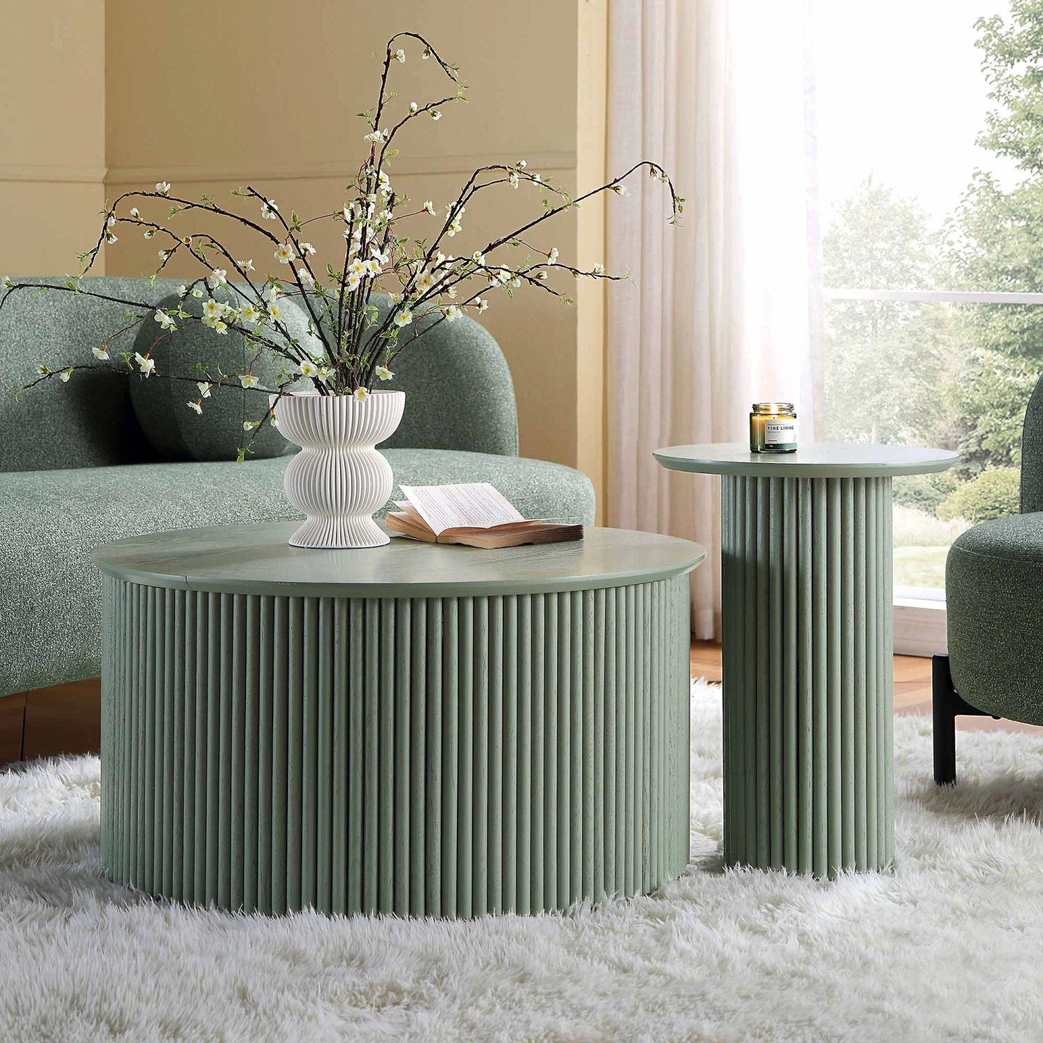 Maru Oak Round Coffee Table With Storage, Sage Green 2 Maru Oak Round Coffee Table With Storage, Sage Green - Image 2