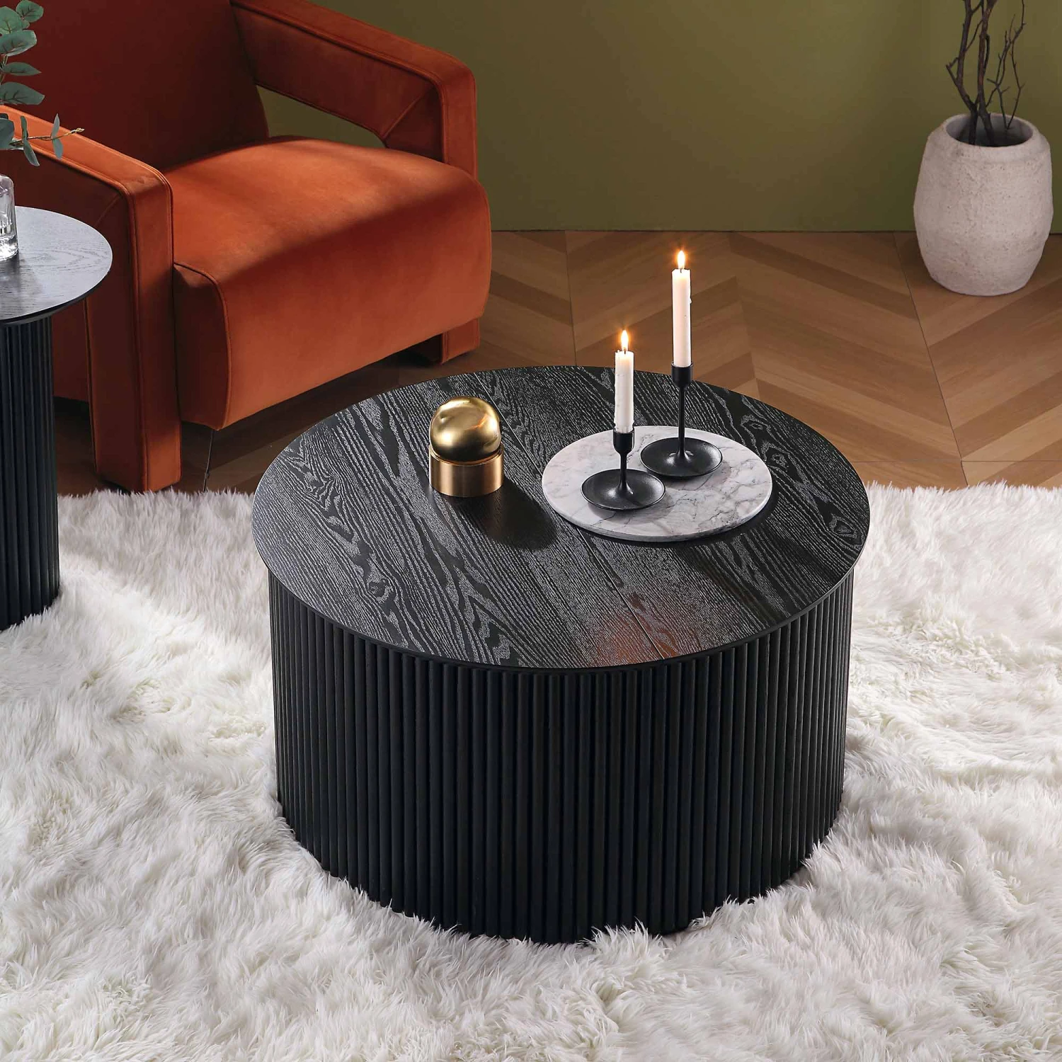 Maru Black Oak Round Storage Coffee Table - Fluted Base Minimalist Design 2 Maru Black Oak Round Storage Coffee Table - Fluted Base Minimalist Design - Image 2