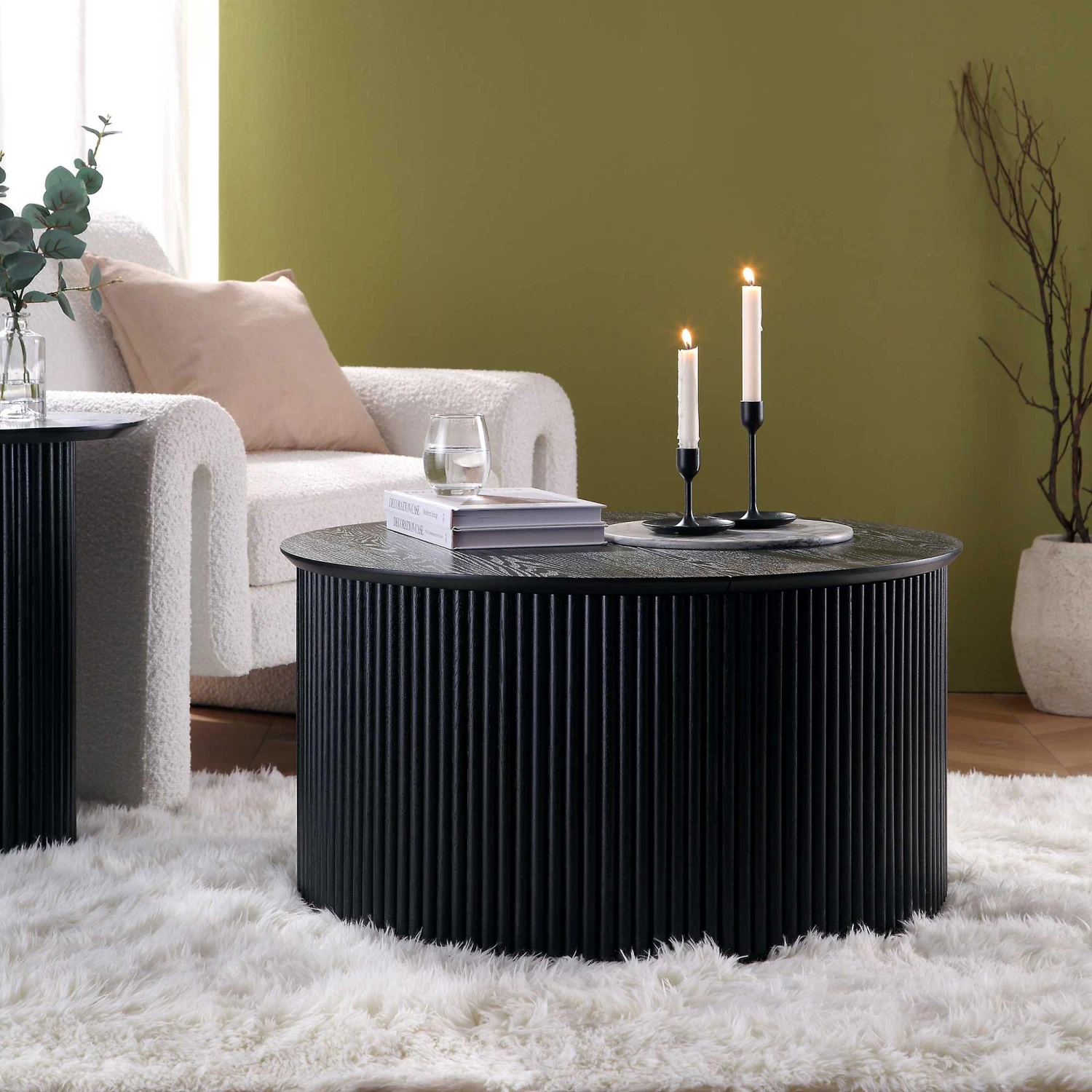 Maru Black Oak Round Storage Coffee Table - Fluted Base Minimalist Design 5 Maru Black Oak Round Storage Coffee Table - Fluted Base Minimalist Design - Image 5