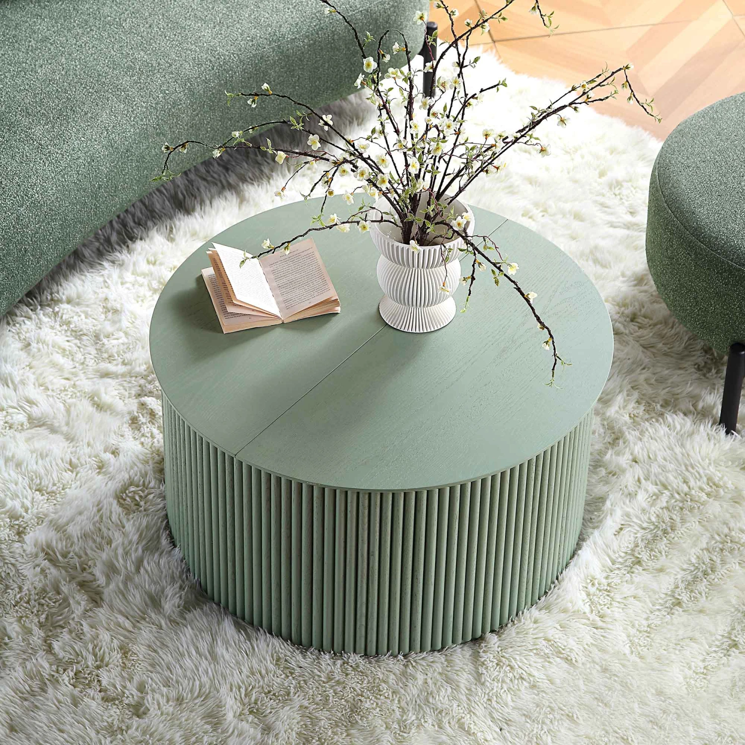 Maru Oak Round Coffee Table With Storage, Sage Green 3 Maru Oak Round Coffee Table With Storage, Sage Green - Image 3
