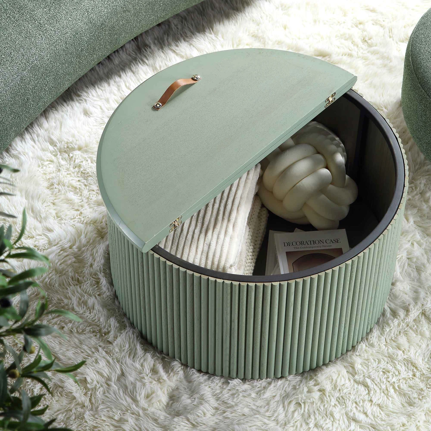 Maru Oak Round Coffee Table With Storage, Sage Green 4 Maru Oak Round Coffee Table With Storage, Sage Green - Image 4