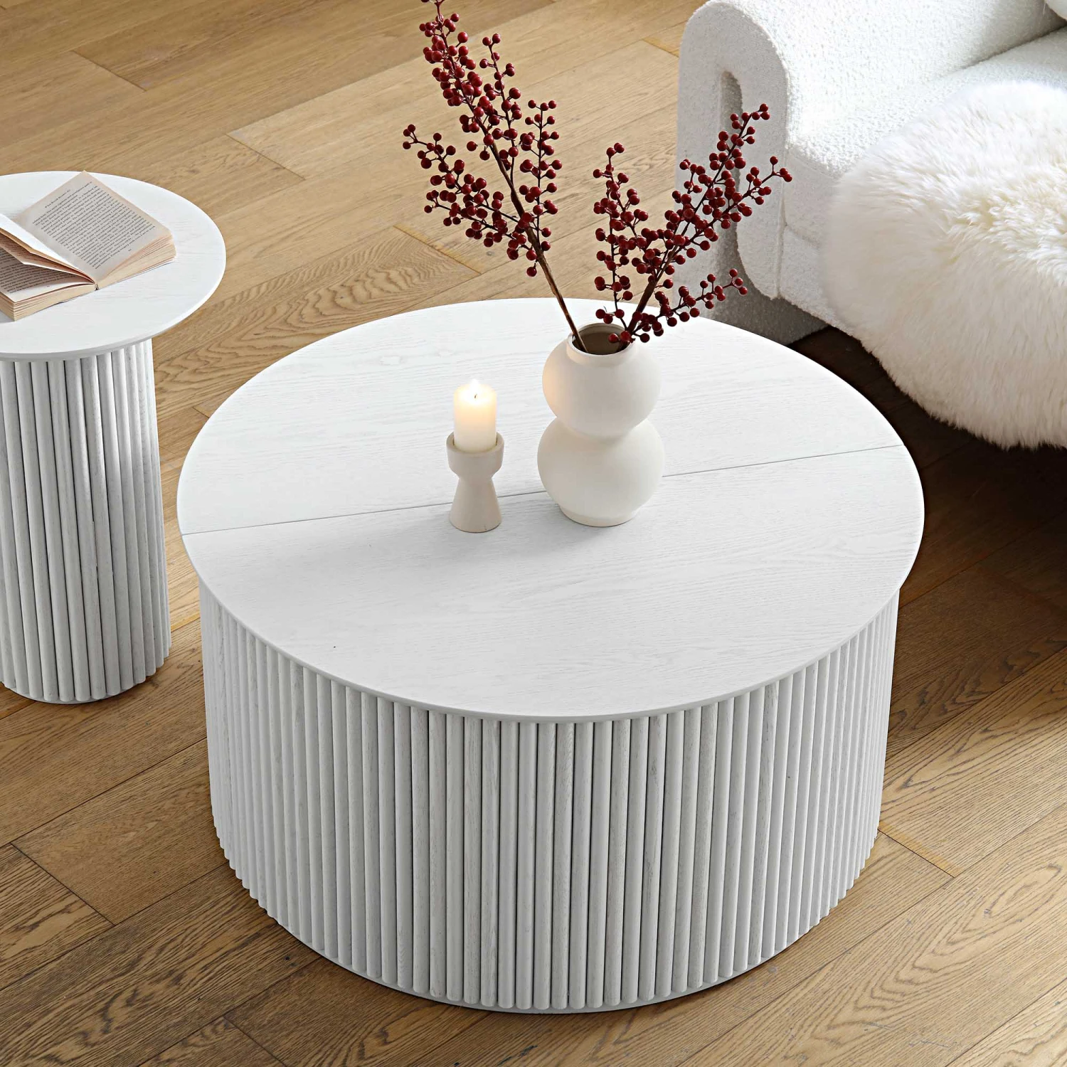 Maru Oak Round Coffee Table With Storage, Washed White 2 Maru Oak Round Coffee Table With Storage, Washed White - Image 2