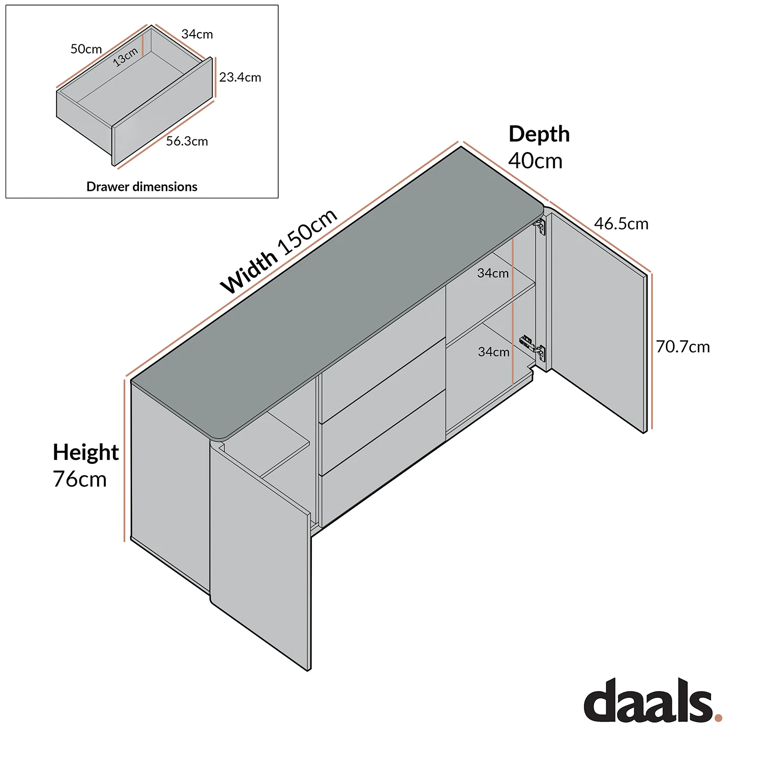 Agnes Curved Edge 2 Door 3 Drawer Wide Sideboard, Off White With Oak Top 7 Agnes Curved Edge 2 Door 3 Drawer Wide Sideboard, Off White With Oak Top - Image 7