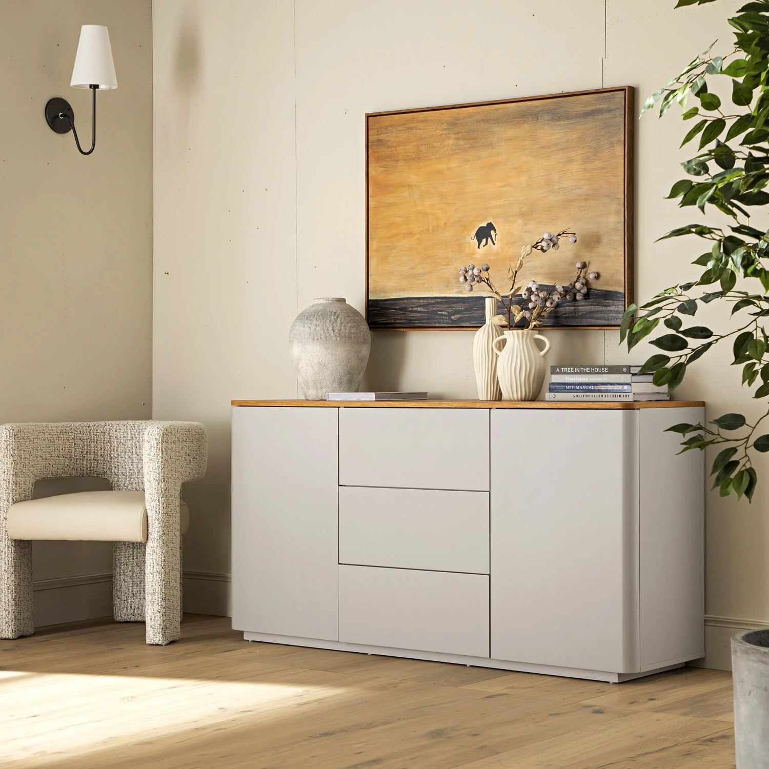 Agnes Curved Edge 2 Door 3 Drawer Wide Sideboard, Dove Grey With Oak Top 1 Agnes Curved Edge 2 Door 3 Drawer Wide Sideboard, Dove Grey With Oak Top