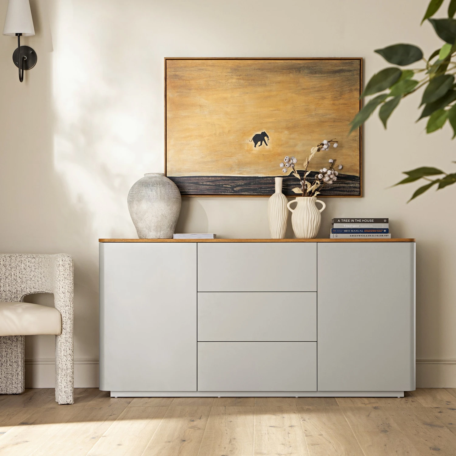 Agnes Curved Edge 2 Door 3 Drawer Wide Sideboard, Dove Grey With Oak Top 2 Agnes Curved Edge 2 Door 3 Drawer Wide Sideboard, Dove Grey With Oak Top - Image 2