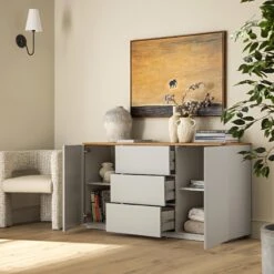 Agnes Curved Edge 2 Door 3 Drawer Wide Sideboard, Dove Grey With Oak Top 18 Agnes Curved Edge 2 Door 3 Drawer Wide Sideboard, Dove Grey With Oak Top -Daals Store BSD 143 DOVEGREY scene2