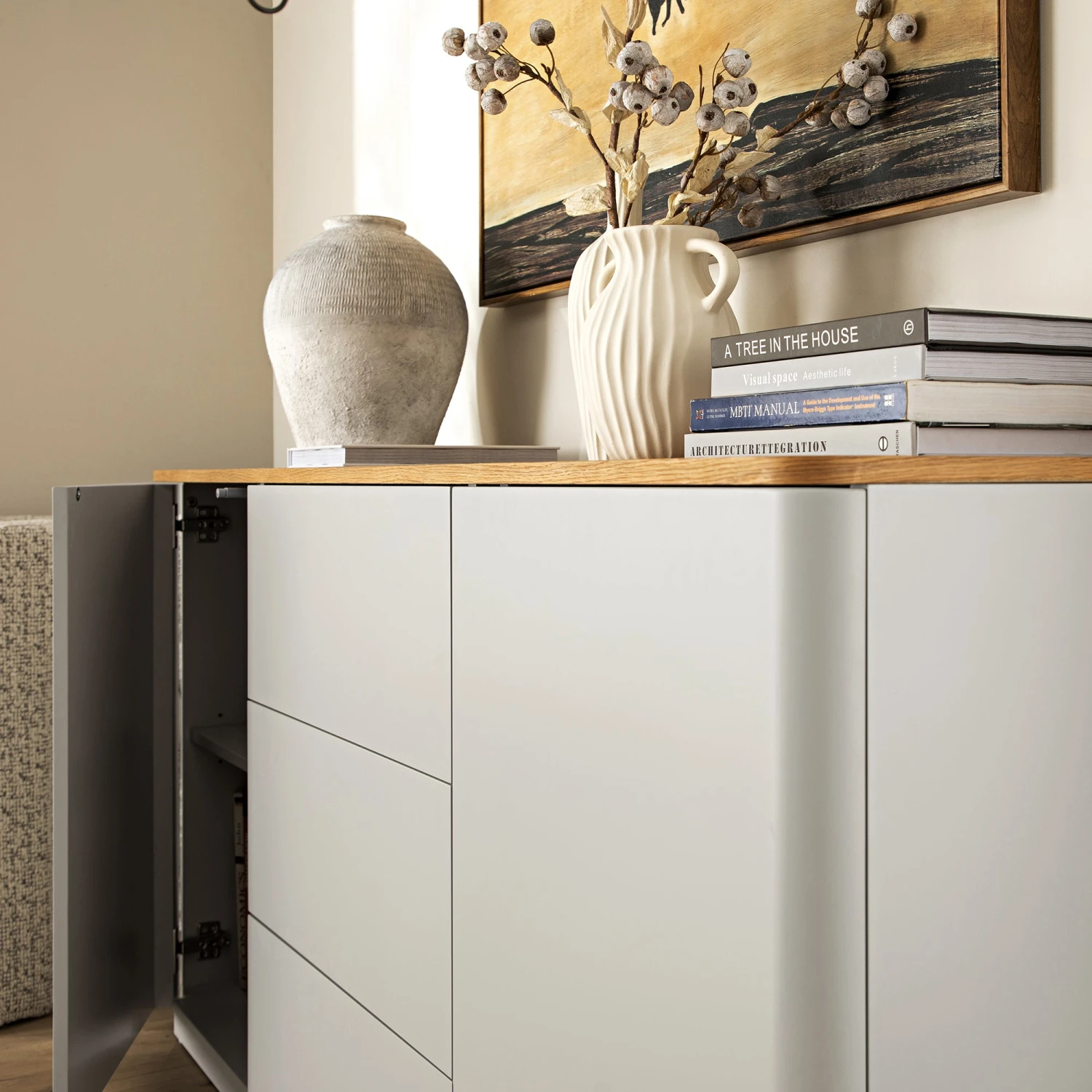 Agnes Curved Edge 2 Door 3 Drawer Wide Sideboard, Dove Grey With Oak Top 4 Agnes Curved Edge 2 Door 3 Drawer Wide Sideboard, Dove Grey With Oak Top - Image 4