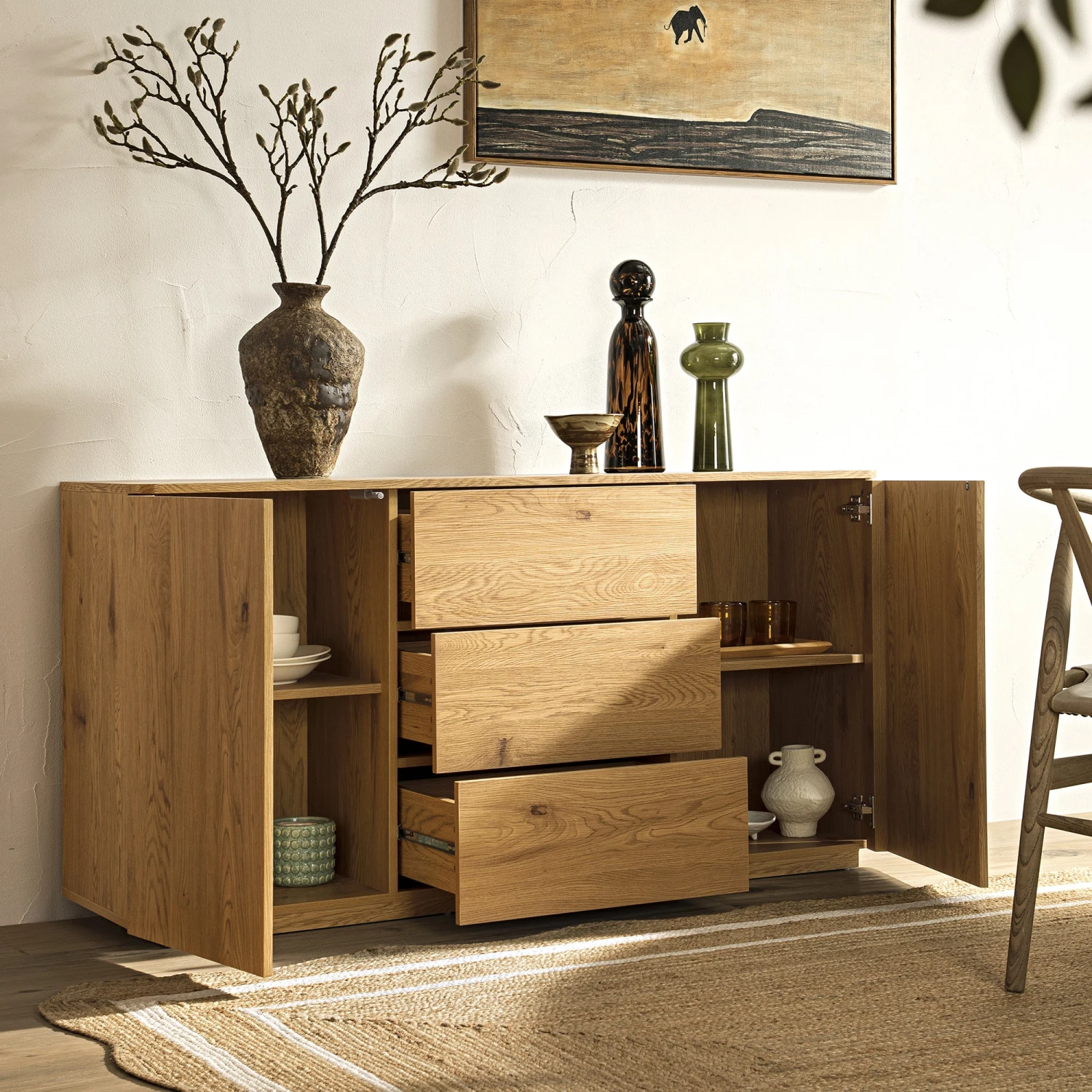 Agnes Curved Edge 2 Door 3 Drawer Wide Sideboard, Natural 3 Agnes Curved Edge 2 Door 3 Drawer Wide Sideboard, Natural - Image 3