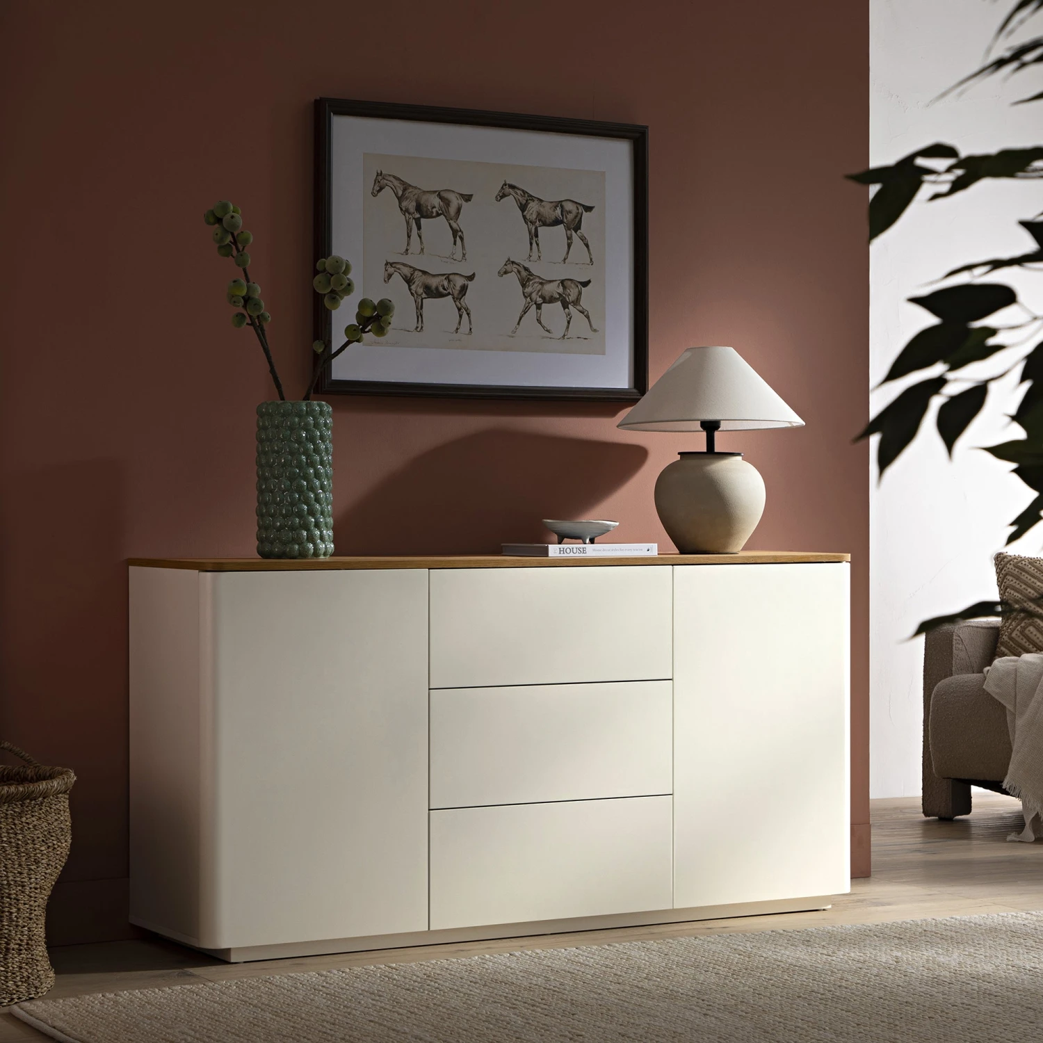 Agnes Curved Edge 2 Door 3 Drawer Wide Sideboard, Off White With Oak Top 1 Agnes Curved Edge 2 Door 3 Drawer Wide Sideboard, Off White With Oak Top