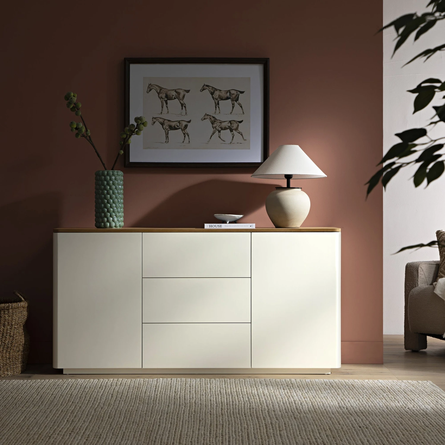 Agnes Curved Edge 2 Door 3 Drawer Wide Sideboard, Off White With Oak Top 2 Agnes Curved Edge 2 Door 3 Drawer Wide Sideboard, Off White With Oak Top - Image 2