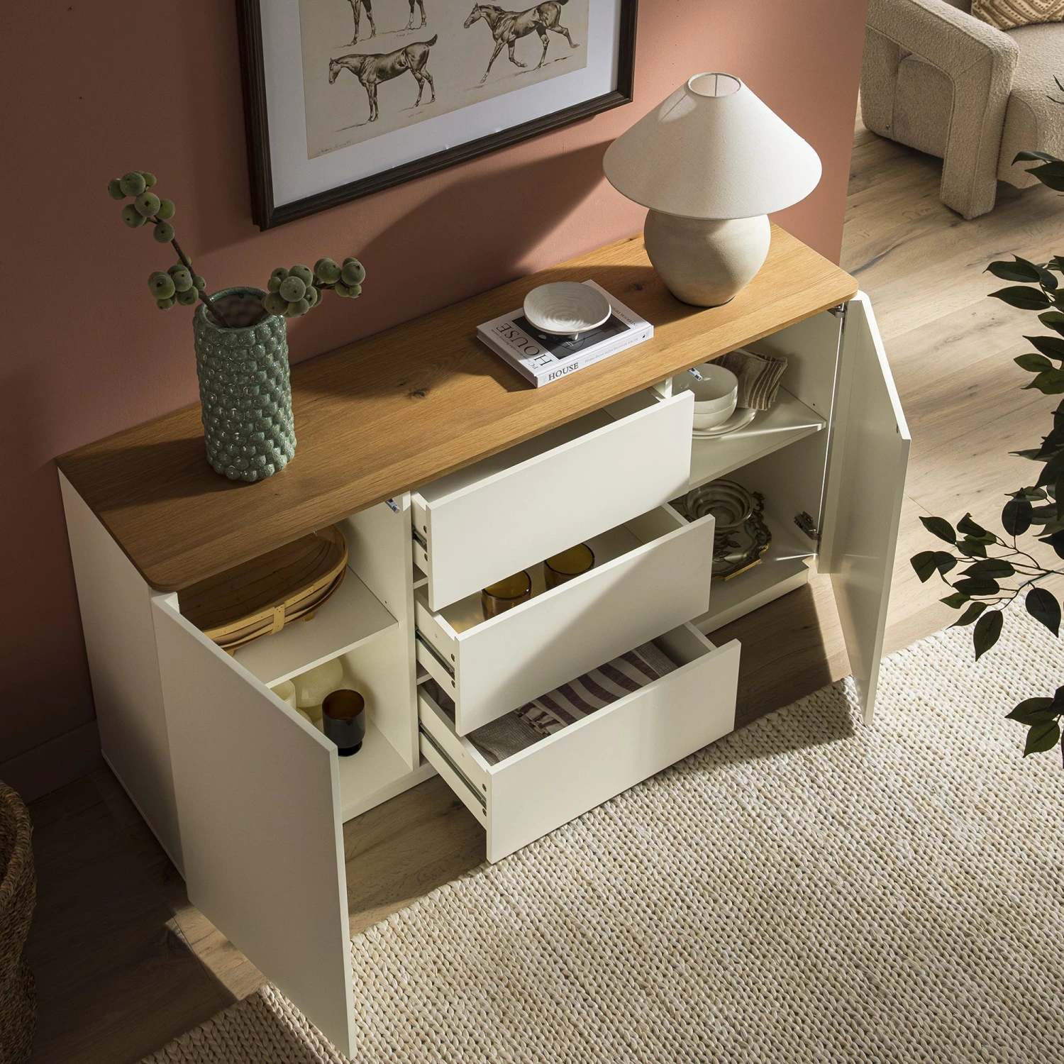 Agnes Curved Edge 2 Door 3 Drawer Wide Sideboard, Off White With Oak Top 3 Agnes Curved Edge 2 Door 3 Drawer Wide Sideboard, Off White With Oak Top - Image 3