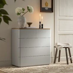 Agnes Curved Edge 2 Over 3 Chest Of Drawers, Dove Grey With Oak Top