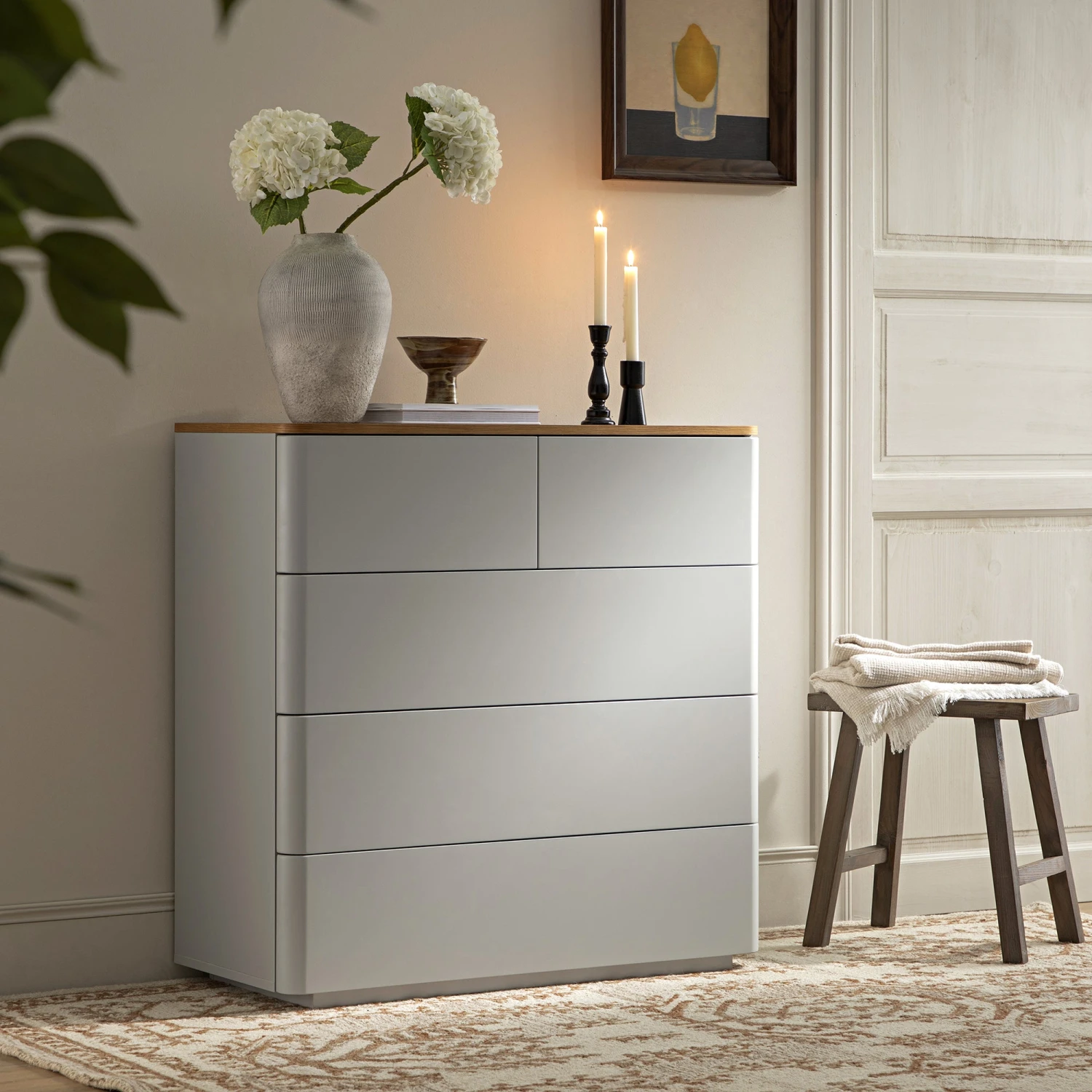 Agnes Curved Edge 2 Over 3 Chest Of Drawers, Dove Grey With Oak Top 1 Agnes Curved Edge 2 Over 3 Chest Of Drawers, Dove Grey With Oak Top