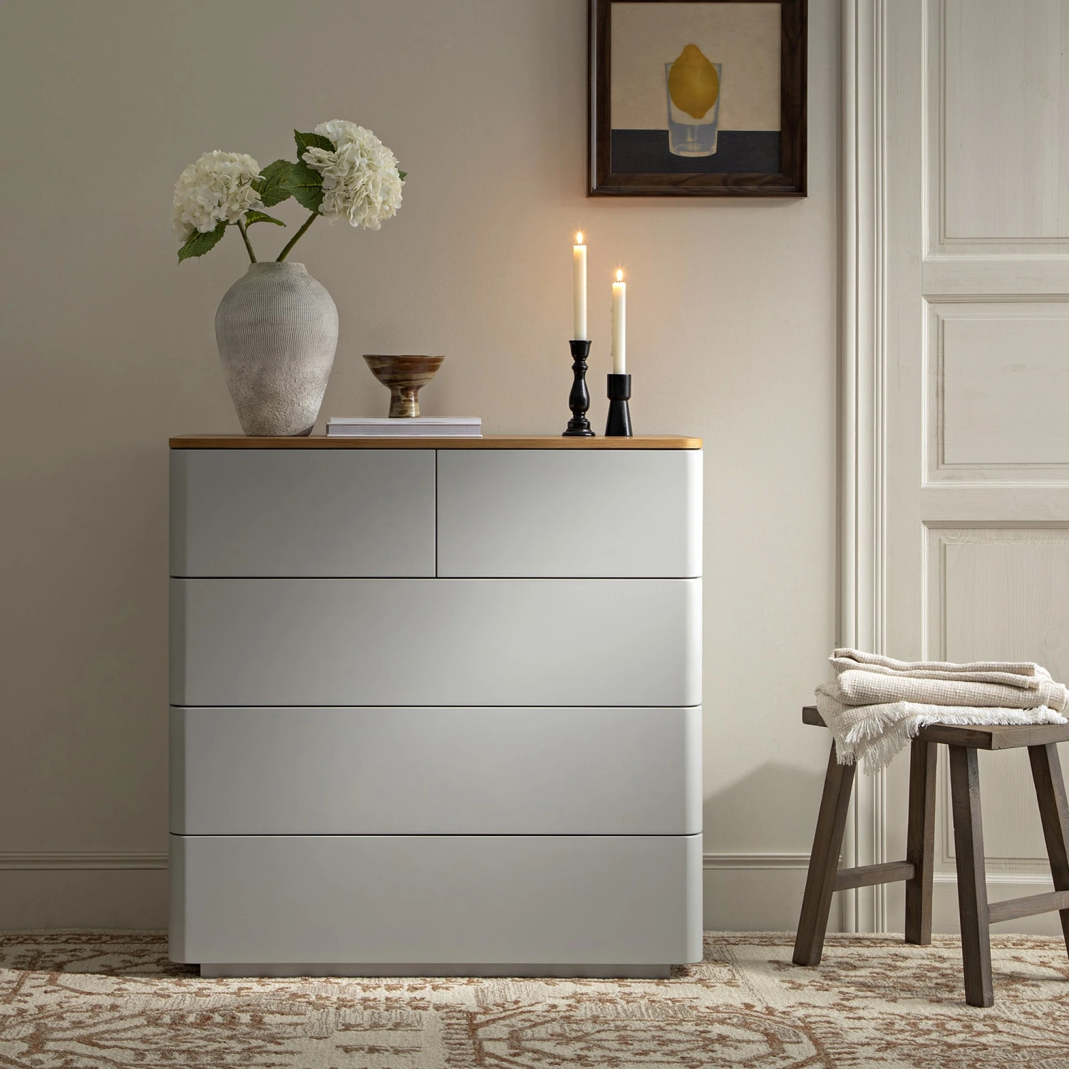 Agnes Curved Edge 2 Over 3 Chest Of Drawers, Dove Grey With Oak Top 2 Agnes Curved Edge 2 Over 3 Chest Of Drawers, Dove Grey With Oak Top - Image 2