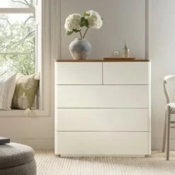 Agnes Curved Edge 2 Over 3 Chest Of Drawers, Off White With Oak Top 12 Agnes Curved Edge 2 Over 3 Chest Of Drawers, Off White With Oak Top -Daals Store BSD 144 WHITE scene1