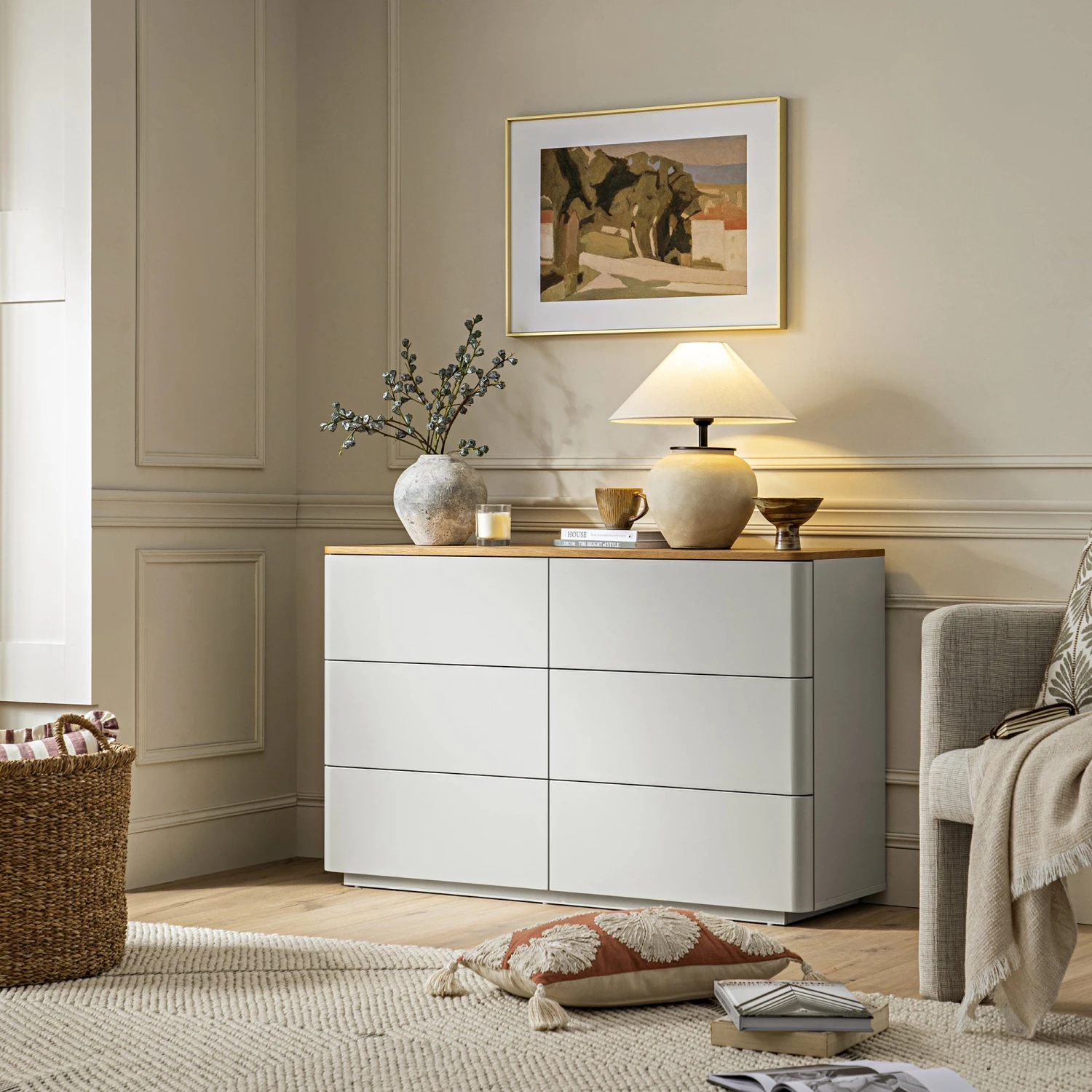 Agnes Curved Edge Chest Of 6 Drawers, Dove Grey With Oak Top 1 Agnes Curved Edge Chest Of 6 Drawers, Dove Grey With Oak Top