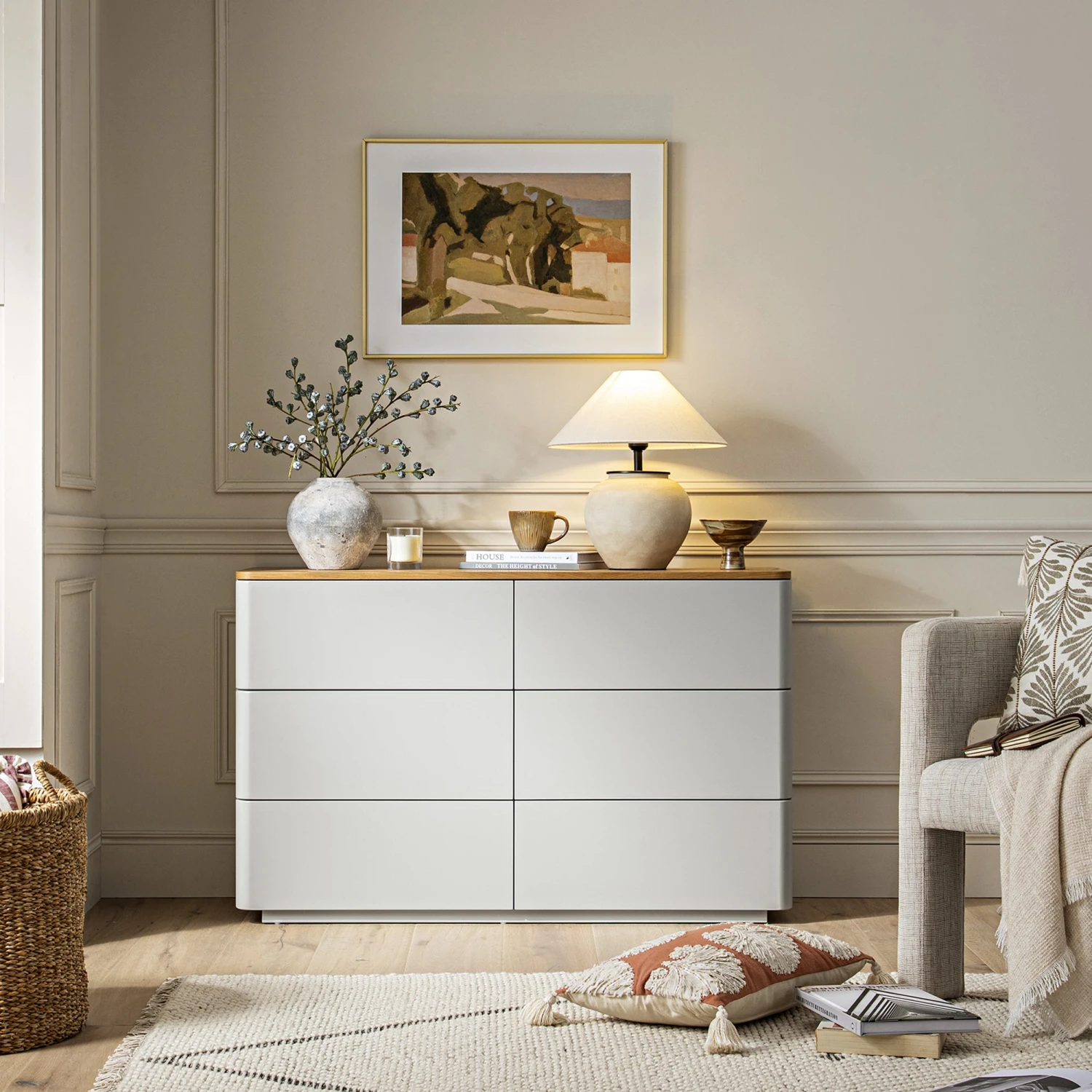Agnes Curved Edge Chest Of 6 Drawers, Dove Grey With Oak Top 2 Agnes Curved Edge Chest Of 6 Drawers, Dove Grey With Oak Top - Image 2