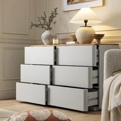 Agnes Curved Edge Chest Of 6 Drawers, Dove Grey With Oak Top 14 Agnes Curved Edge Chest Of 6 Drawers, Dove Grey With Oak Top -Daals Store BSD 145 DOVEGREY scene2