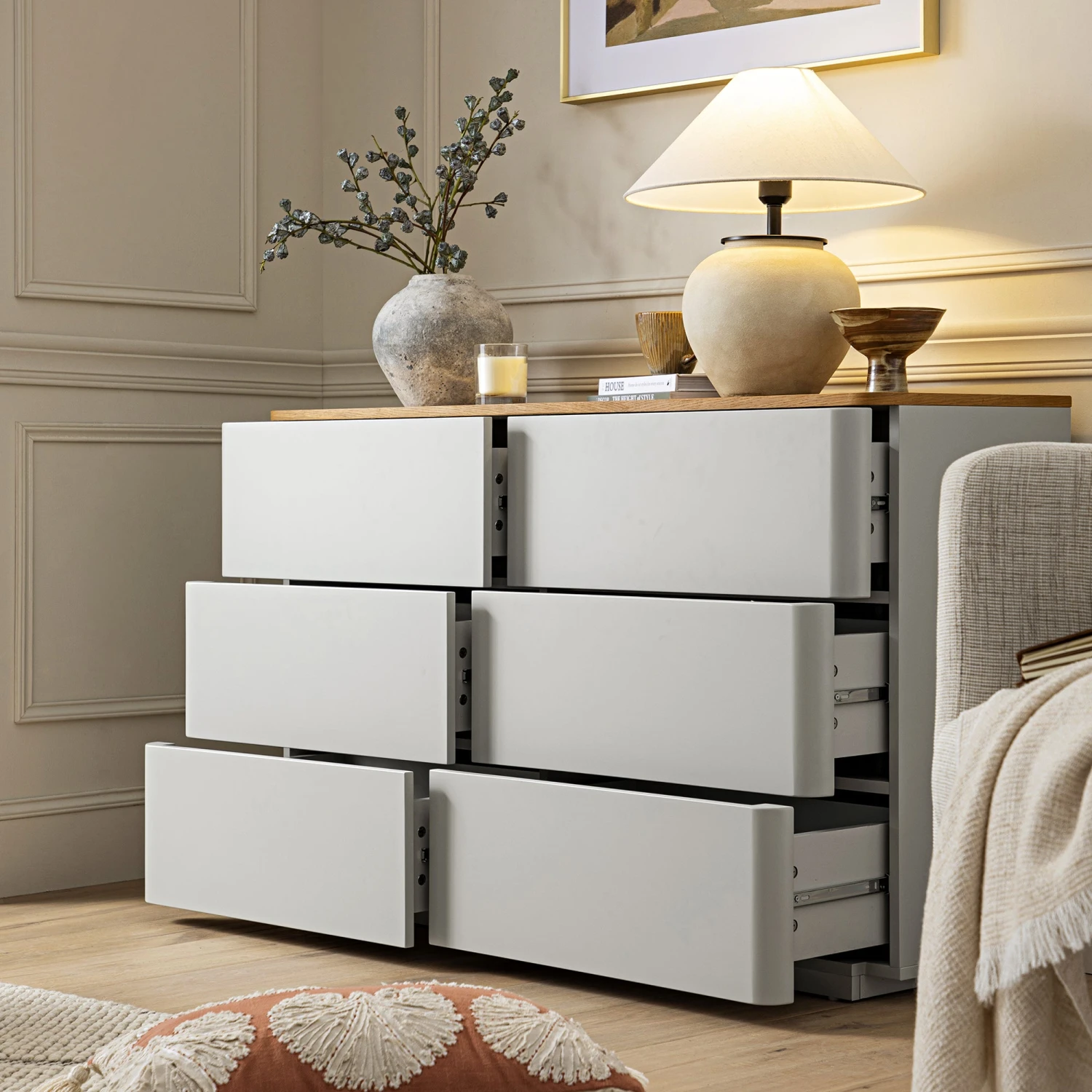 Agnes Curved Edge Chest Of 6 Drawers, Dove Grey With Oak Top 3 Agnes Curved Edge Chest Of 6 Drawers, Dove Grey With Oak Top - Image 3