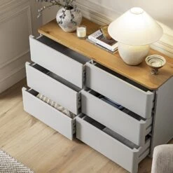 Agnes Curved Edge Chest Of 6 Drawers, Dove Grey With Oak Top 15 Agnes Curved Edge Chest Of 6 Drawers, Dove Grey With Oak Top -Daals Store BSD 145 DOVEGREY scene3