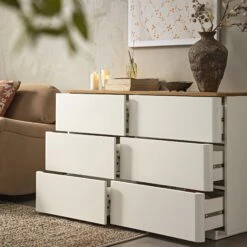 Agnes Curved Edge Chest Of 6 Drawers, Off White With Oak Top 15 Agnes Curved Edge Chest Of 6 Drawers, Off White With Oak Top -Daals Store BSD 145 WHITE scene2