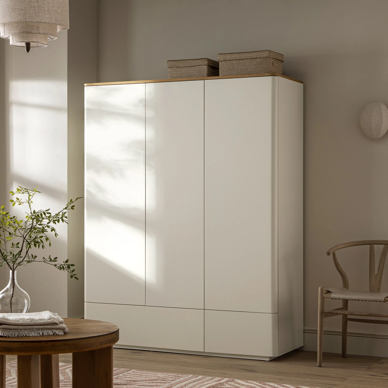 Agnes Curved Edge Triple Wardrobe, Off White With Oak Top 1 Agnes Curved Edge Triple Wardrobe, Off White With Oak Top