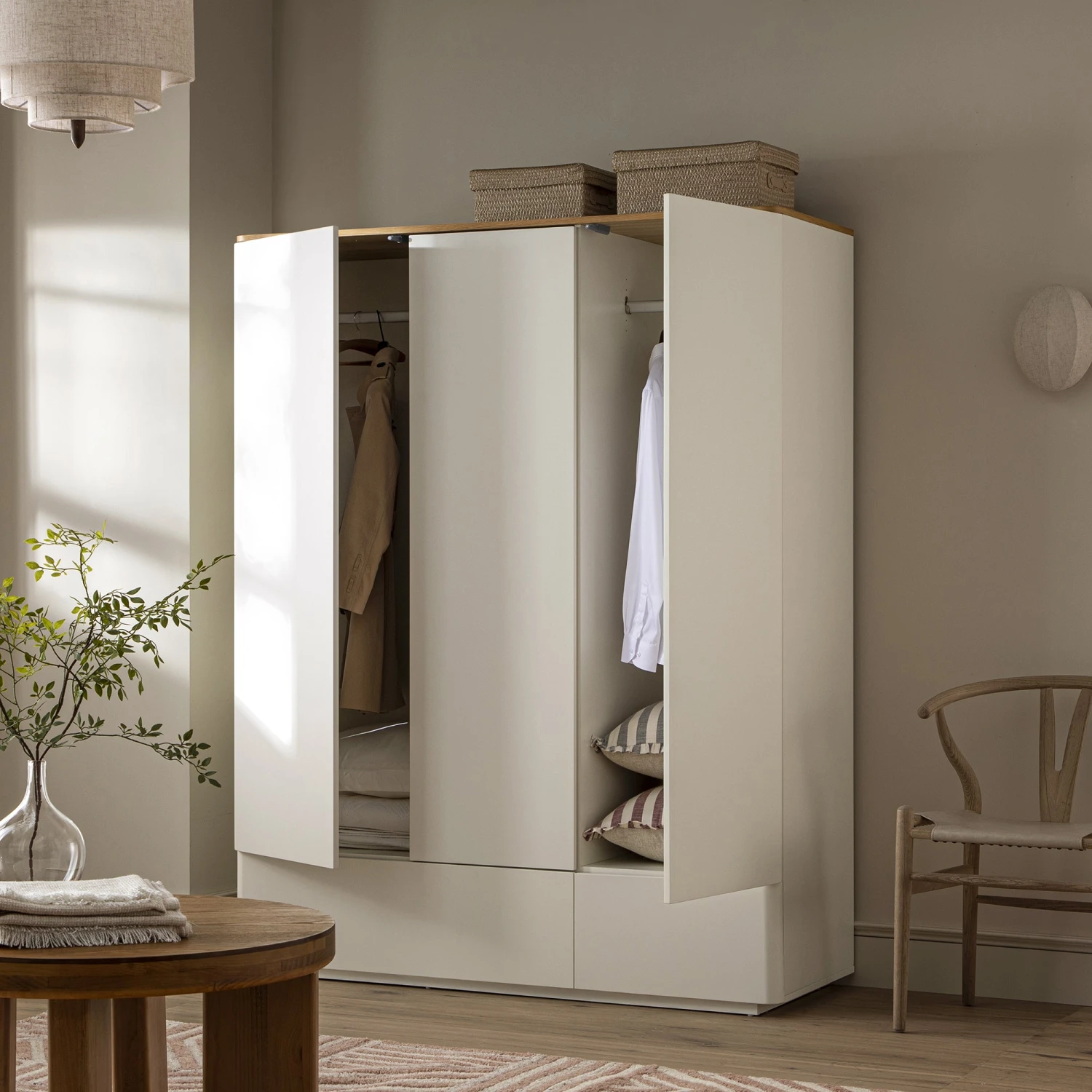 Agnes Curved Edge Triple Wardrobe, Off White With Oak Top 3 Agnes Curved Edge Triple Wardrobe, Off White With Oak Top - Image 3