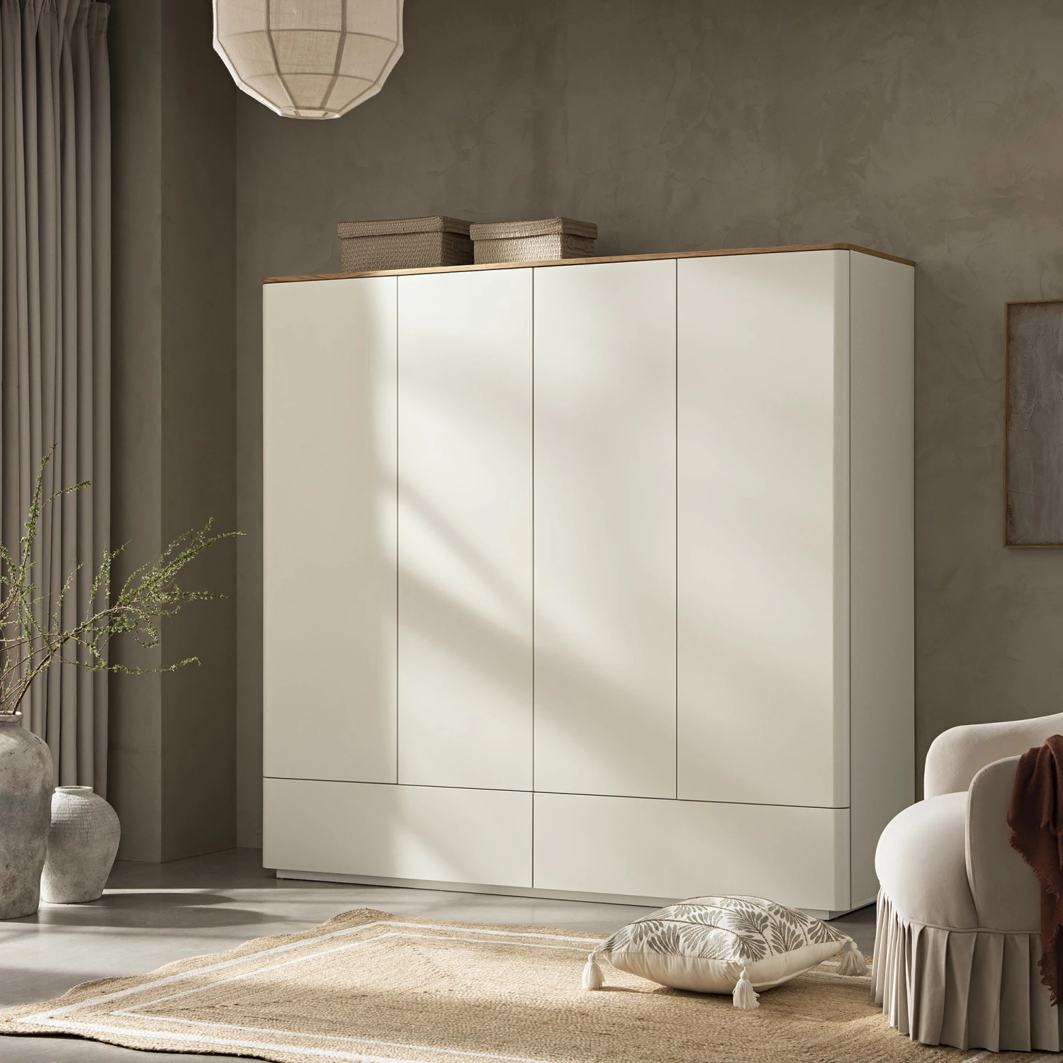 Agnes Curved Edge 4-Door Wardrobe, Off White With Oak Top 1 Agnes Curved Edge 4-Door Wardrobe, Off White With Oak Top
