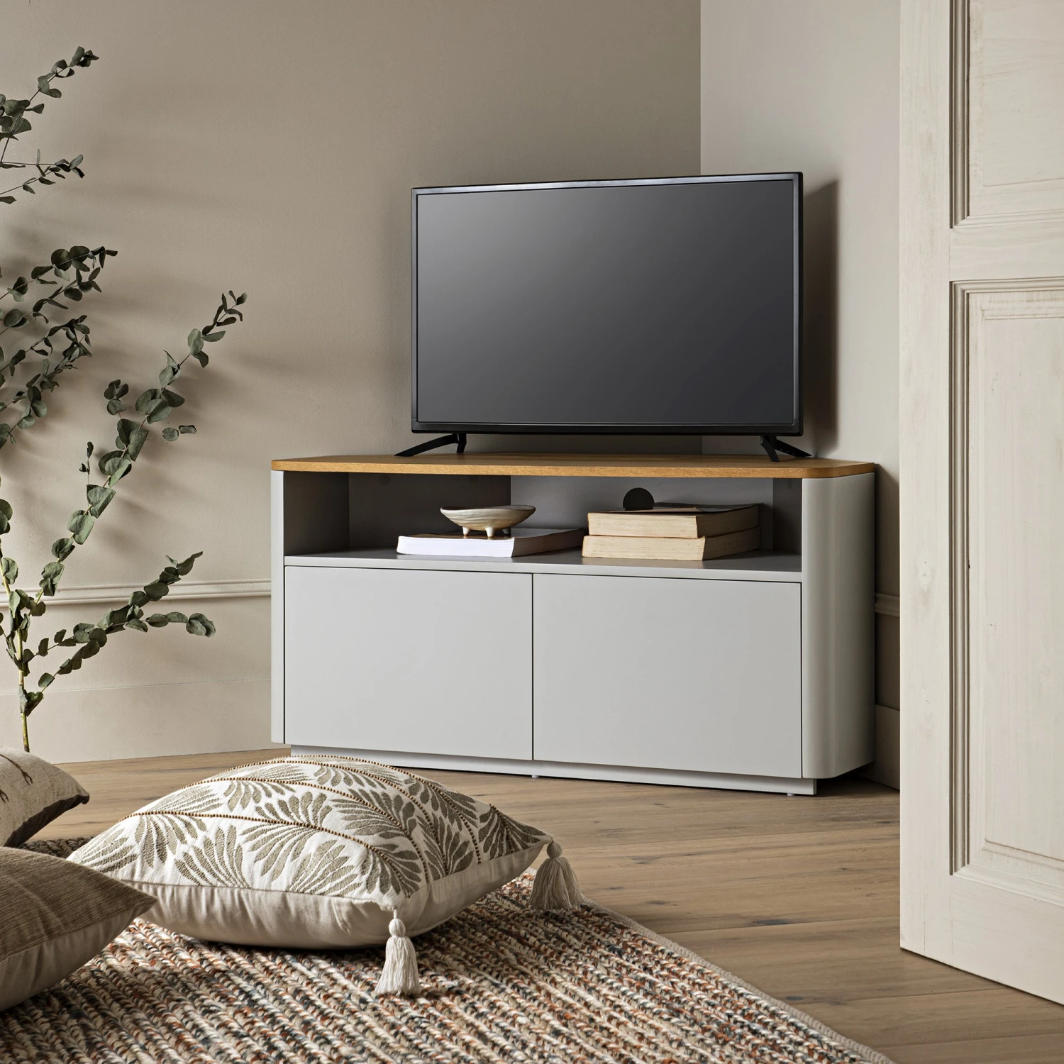 Agnes Curved Edge Corner TV Unit, Dove Grey With Oak Top 1 Agnes Curved Edge Corner TV Unit, Dove Grey With Oak Top