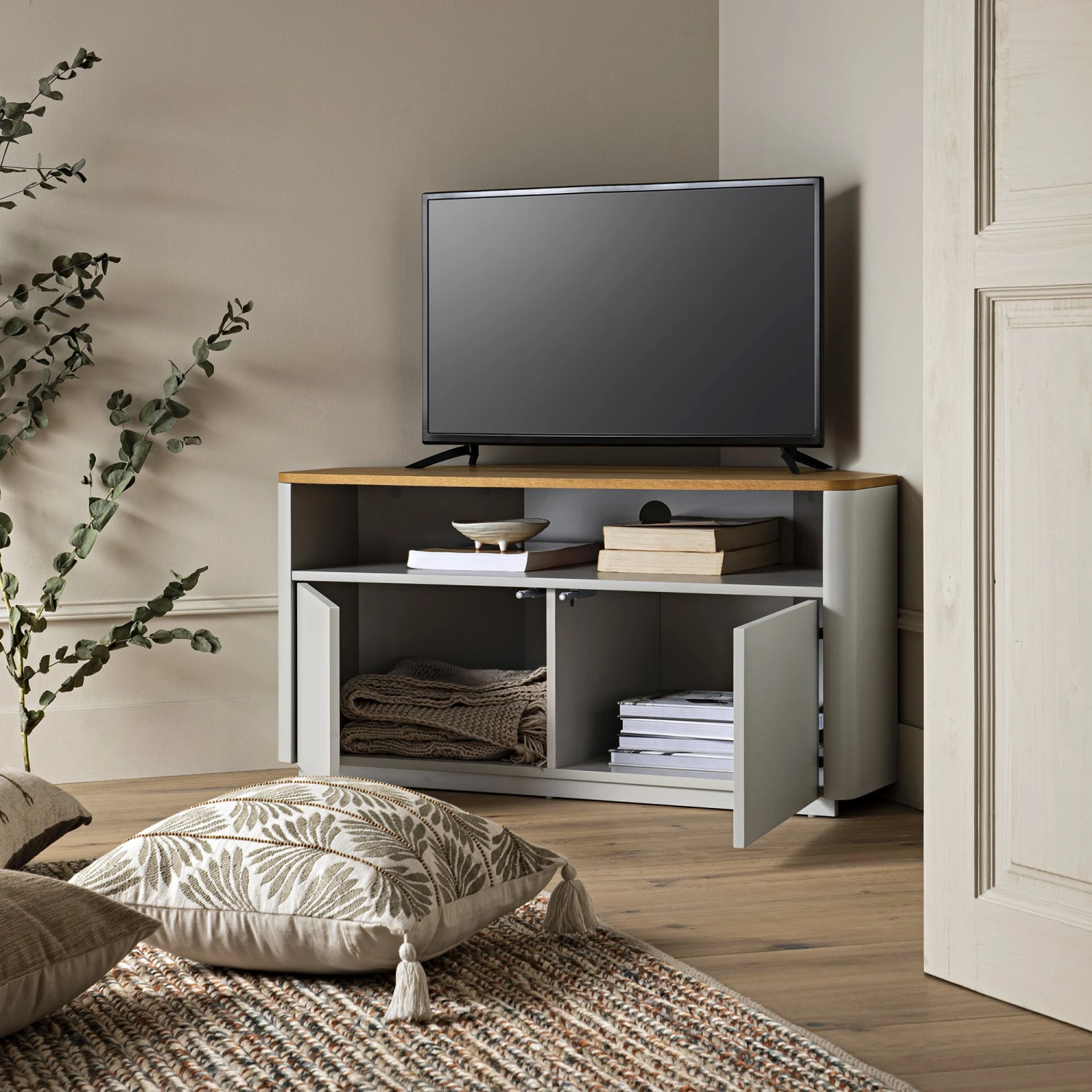 Agnes Curved Edge Corner TV Unit, Dove Grey With Oak Top 2 Agnes Curved Edge Corner TV Unit, Dove Grey With Oak Top - Image 2