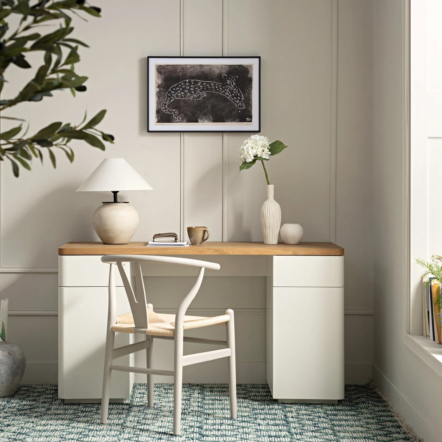 Agnes Curved Edge Desk With Storage, Off White With Oak Top 2 Agnes Curved Edge Desk With Storage, Off White With Oak Top - Image 2