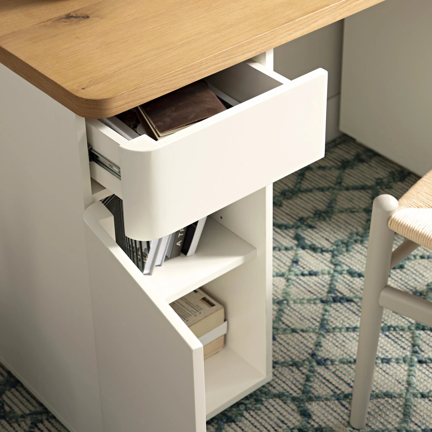 Agnes Curved Edge Desk With Storage, Off White With Oak Top 4 Agnes Curved Edge Desk With Storage, Off White With Oak Top - Image 4