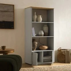 Agnes Curved Edge Bookcase, Dove Grey With Oak Top -Daals Store BSD 151 DOVEGREY scene2