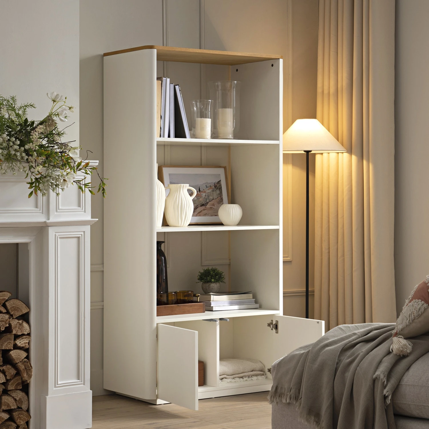 Agnes Curved Edge Bookcase, Off White With Oak Top 3 Agnes Curved Edge Bookcase, Off White With Oak Top - Image 3