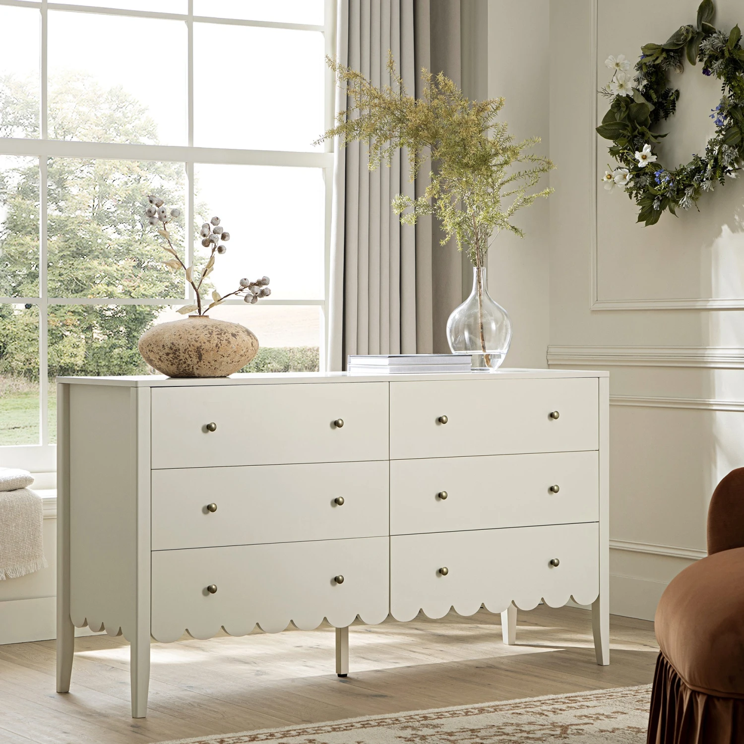 Henley Scalloped Edge 6 Drawer 140cm Wide Chest, Light Sand 1 Henley Scalloped Edge 6 Drawer 140cm Wide Chest, Light Sand