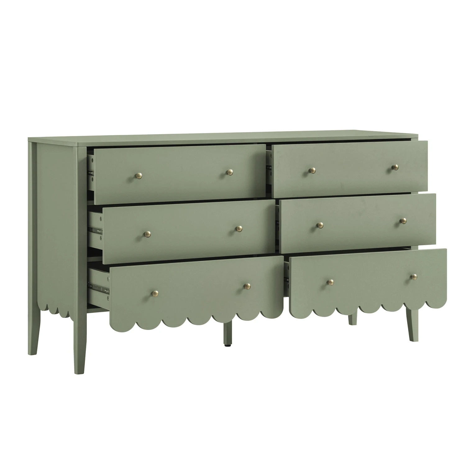 Henley Scalloped Edge 6 Drawer 140cm Wide Chest, Sage Green 2 Henley Scalloped Edge 6 Drawer 140cm Wide Chest, Sage Green - Image 2