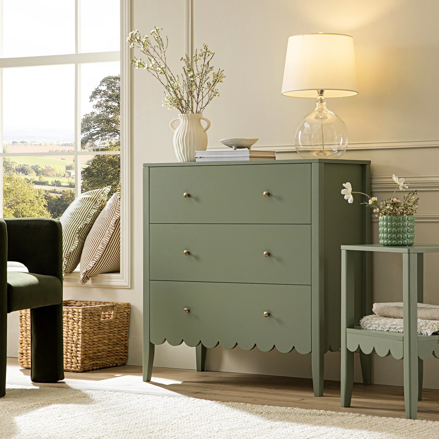 Henley Scalloped Edge 3 Drawer Chest, Sage Green 2 Henley Scalloped Edge 3 Drawer Chest, Sage Green - Image 2