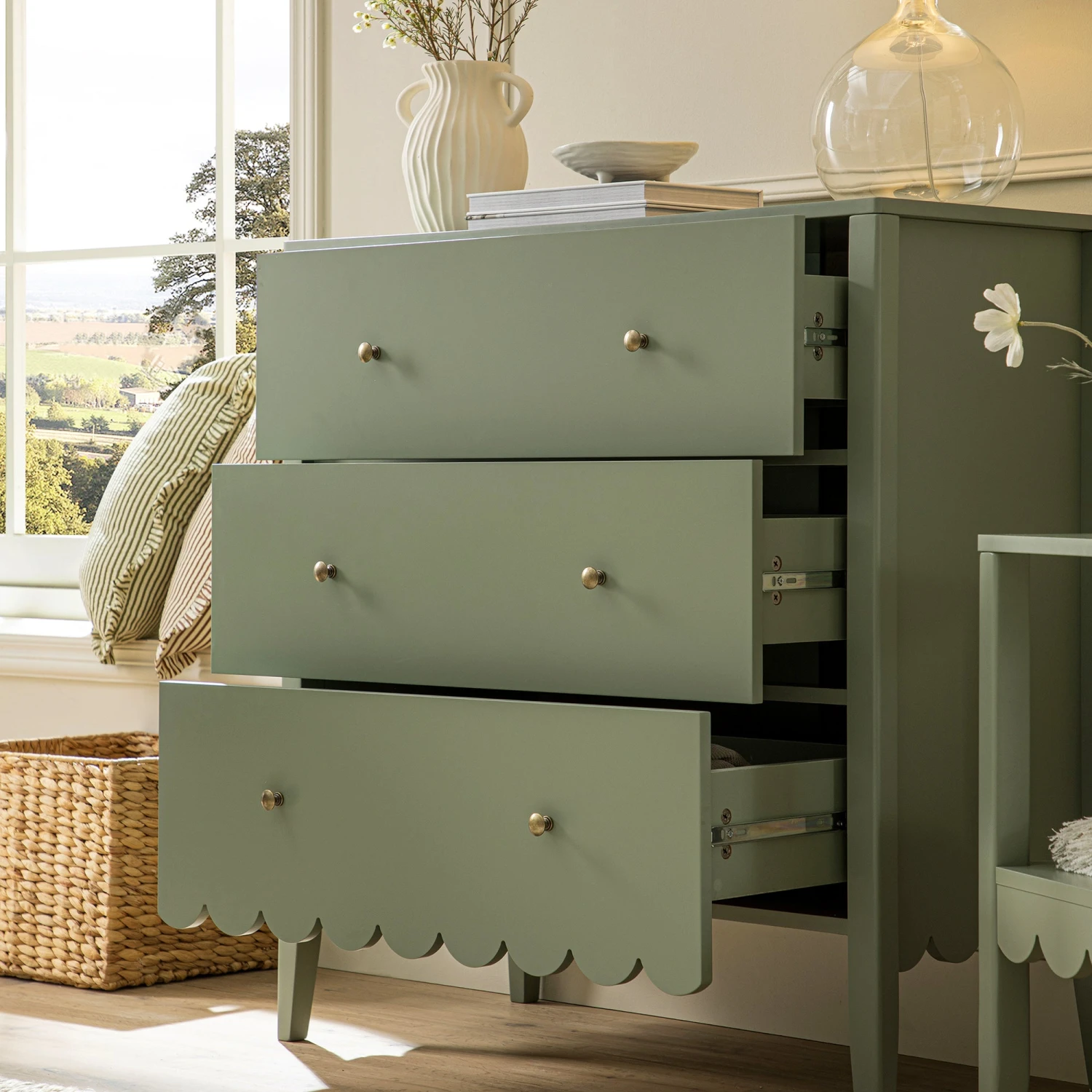 Henley Scalloped Edge 3 Drawer Chest, Sage Green 5 Henley Scalloped Edge 3 Drawer Chest, Sage Green - Image 5