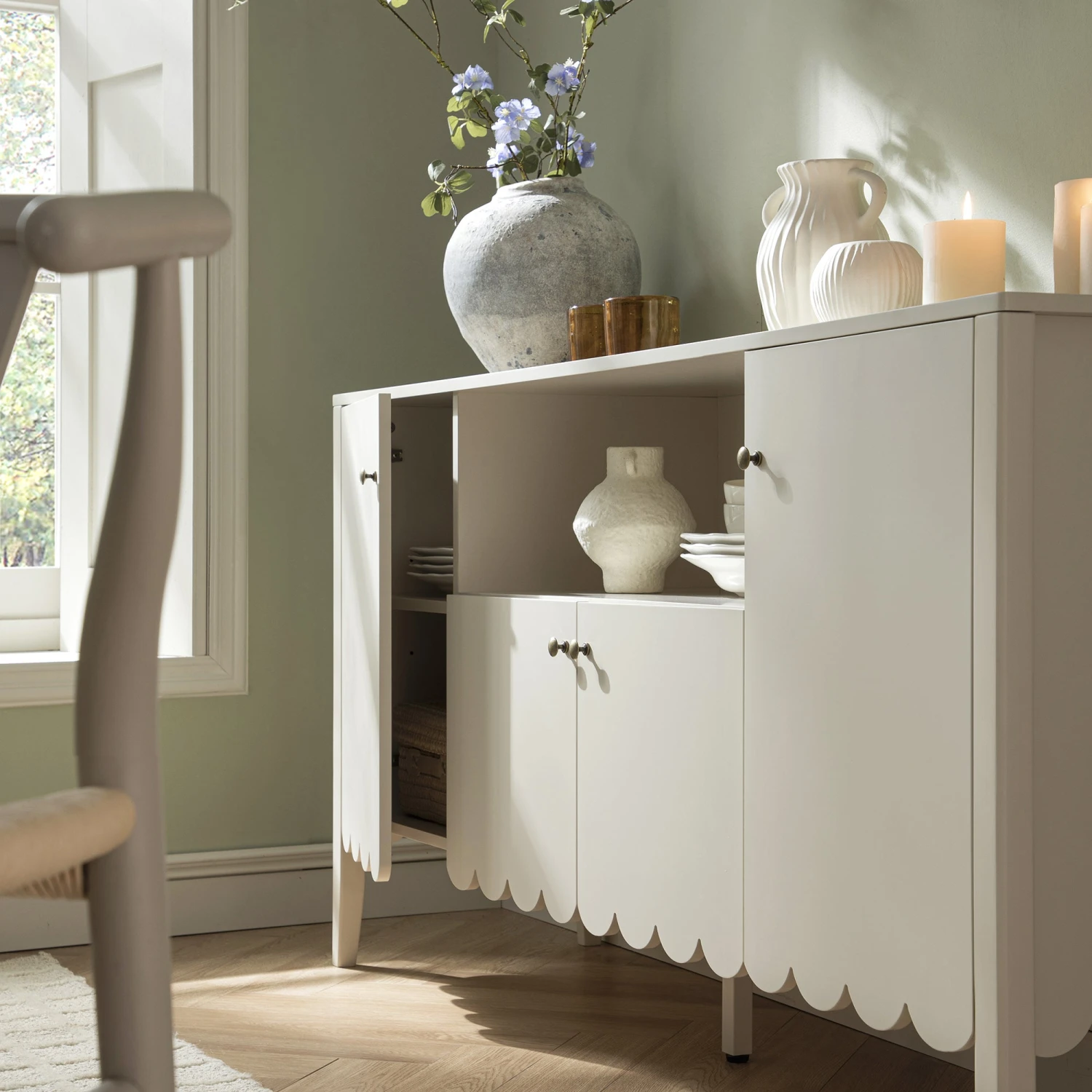 Henley Scalloped Edge 150cm Wide Sideboard With Open Shelf, Light Sand 4 Henley Scalloped Edge 150cm Wide Sideboard With Open Shelf, Light Sand - Image 4