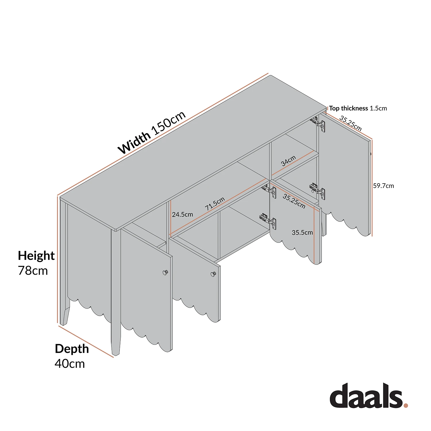 Henley Scalloped Edge 150cm Wide Sideboard With Open Shelf, Light Sand 7 Henley Scalloped Edge 150cm Wide Sideboard With Open Shelf, Light Sand - Image 7