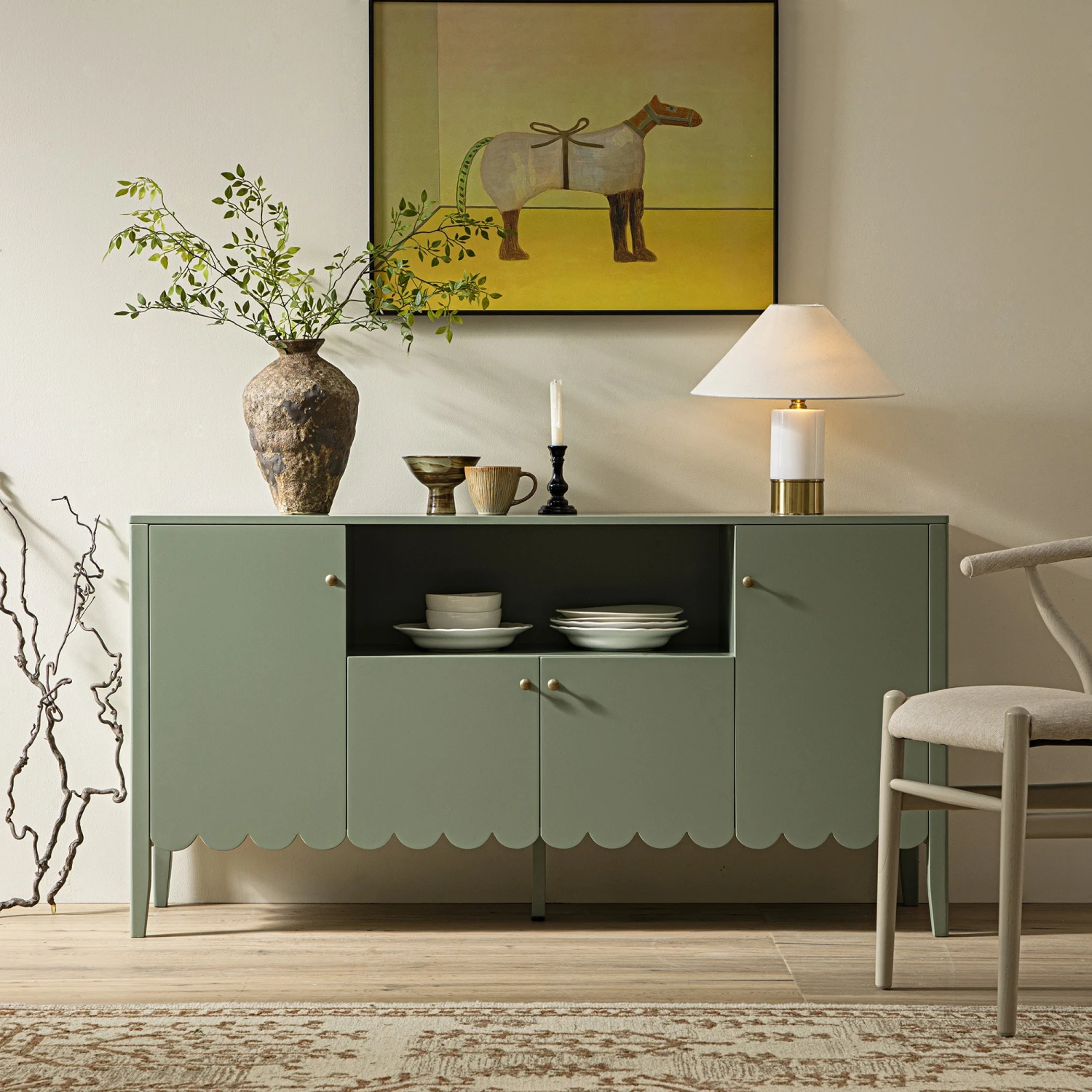 Henley Scalloped Edge 150cm Wide Sideboard With Open Shelf, Sage Green 1 Henley Scalloped Edge 150cm Wide Sideboard With Open Shelf, Sage Green