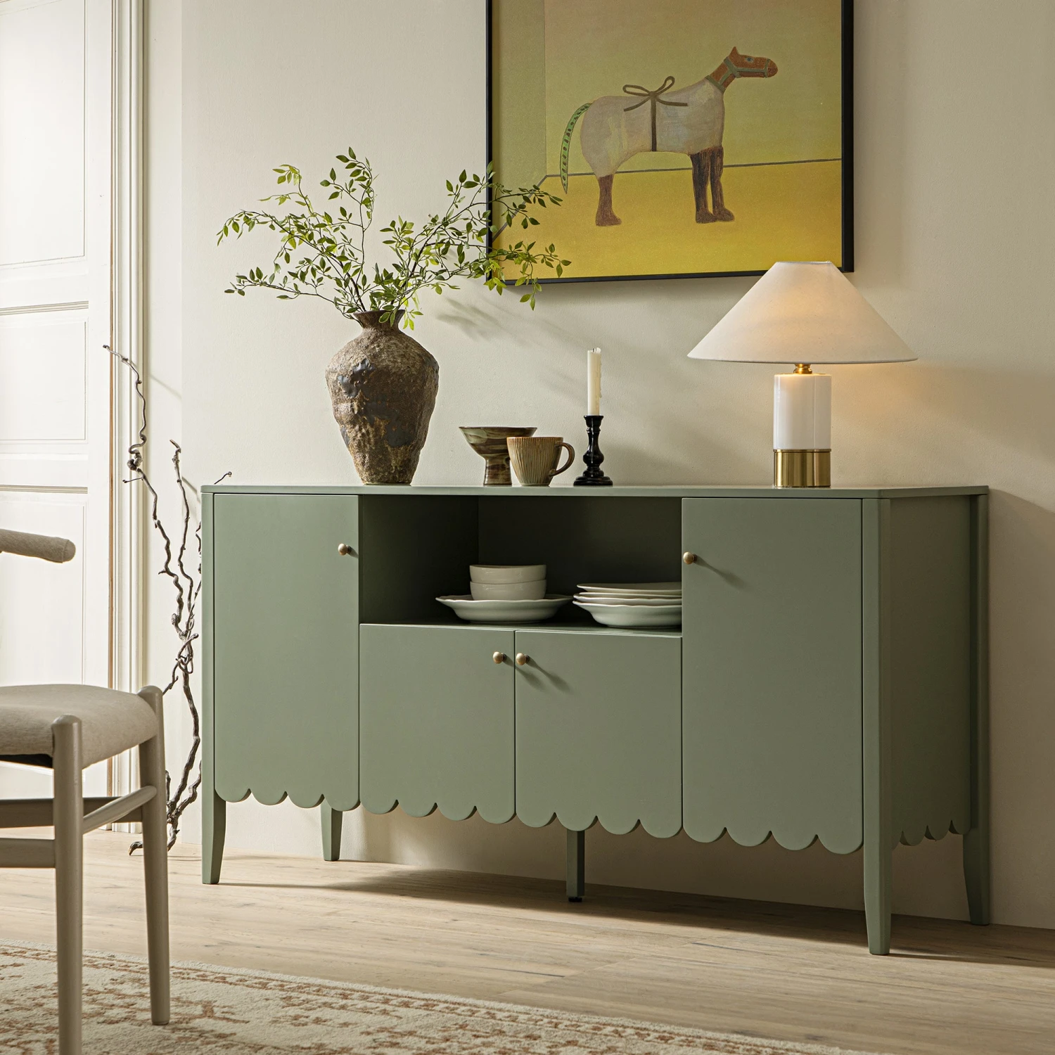 Henley Scalloped Edge 150cm Wide Sideboard With Open Shelf, Sage Green 2 Henley Scalloped Edge 150cm Wide Sideboard With Open Shelf, Sage Green - Image 2