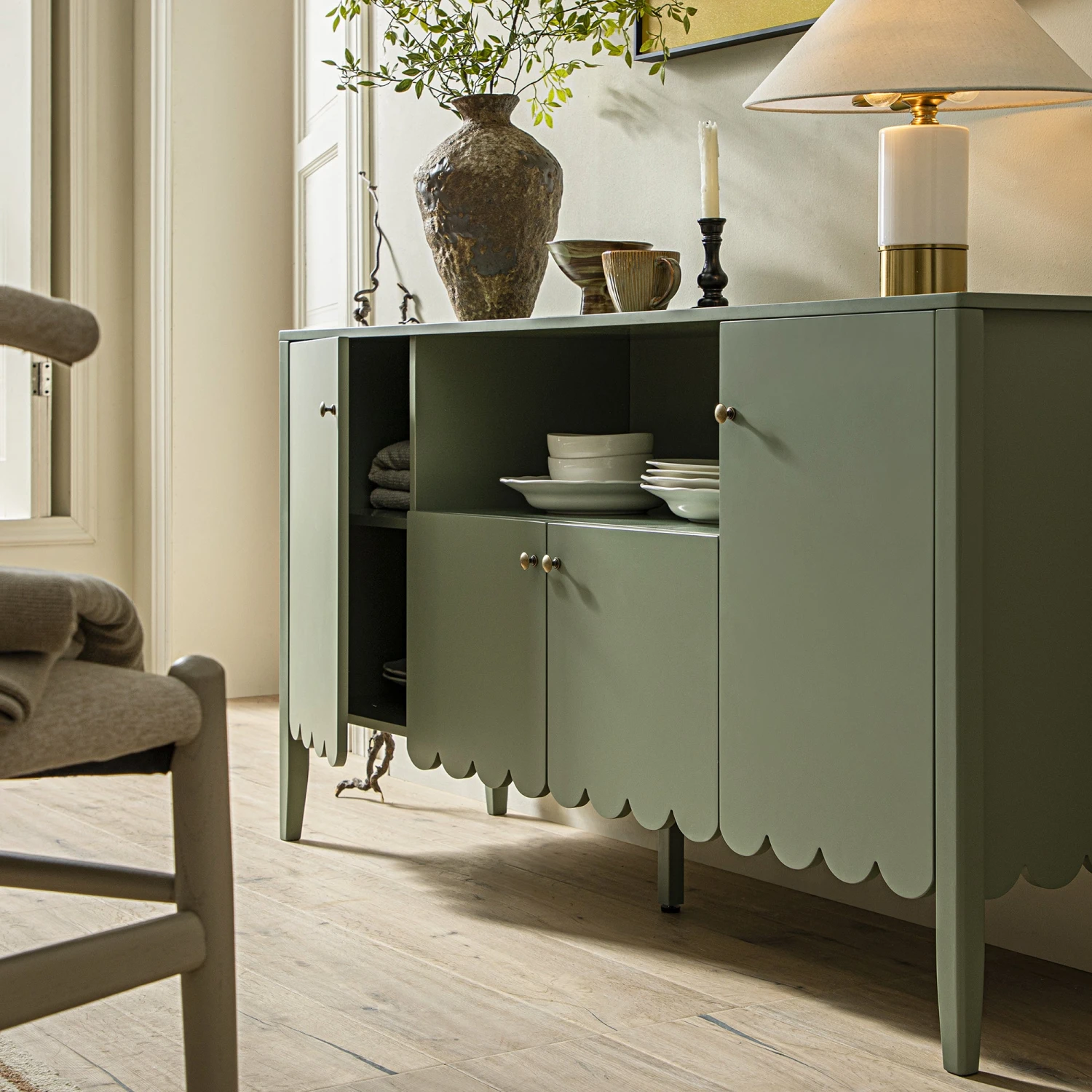 Henley Scalloped Edge 150cm Wide Sideboard With Open Shelf, Sage Green 4 Henley Scalloped Edge 150cm Wide Sideboard With Open Shelf, Sage Green - Image 4