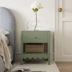 Henley Scalloped Edge Bedside Table With Drawer, Sage Green -Daals Store BSD 160 SAGE scene1